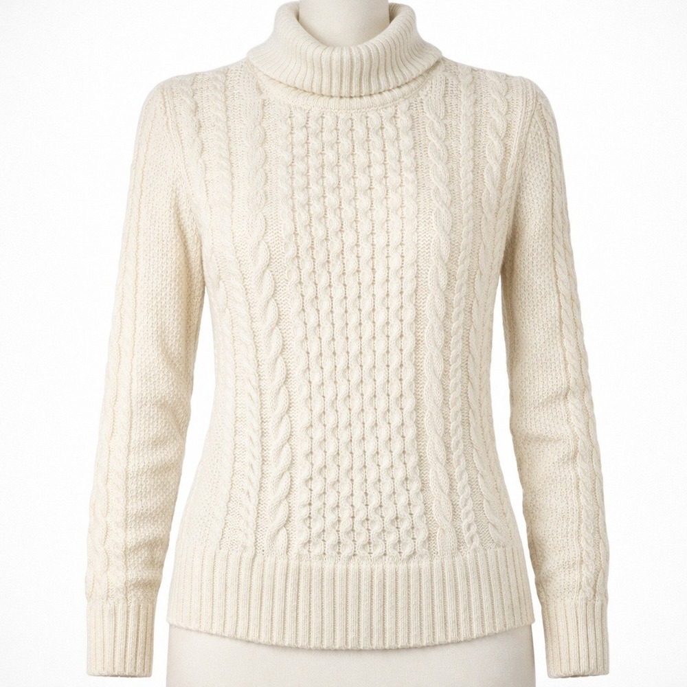 Womens Fisherman Cable Knit 100% Wool Turtleneck Sweater Sz L Cream‎ Cottagecore